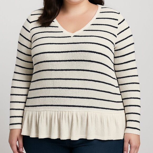 Maurices XL Striped Waffle Knit Ruffle Hem Top – Long Sleeve (Fall Collection) - Picture 1 of 16
